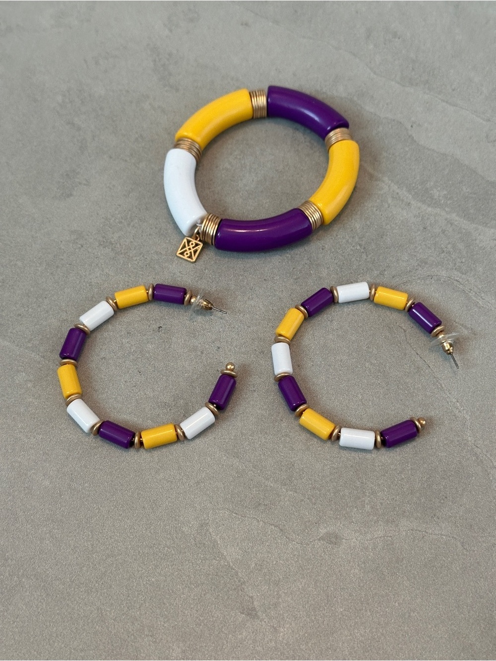 Chic Bangle Bracelet and Earring Hoop Set Purple White Yellow/Gold